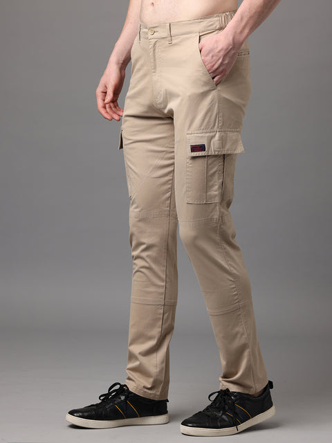 Men's Khaki Cotton Spandex Slim Fit Cargo Trouser