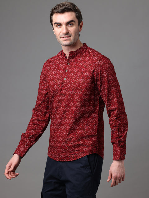 Men's Maroon Cotton Linen Slim Fit Kurta Shirt