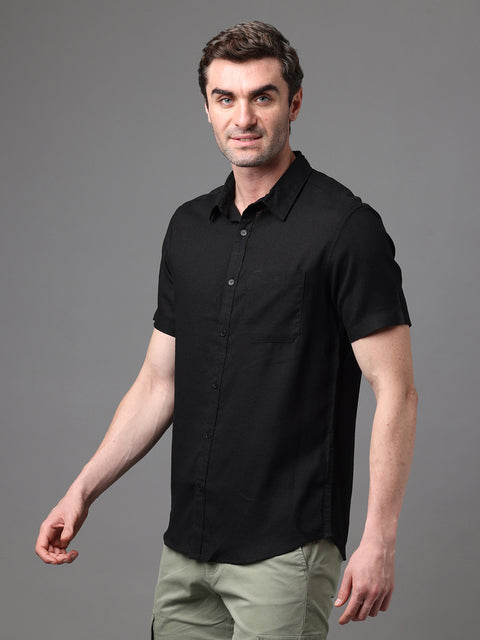 Men's Black Linen Rayon Slim Fit Casual Shirt