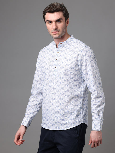 Men's White and Blue Cotton Linen Slim Fit Kurta Shirt