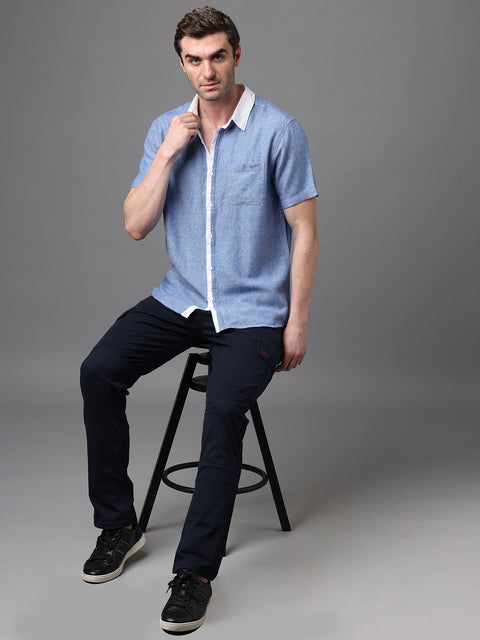 Men's Blue Linen Rayon Slim Fit Casual Shirt