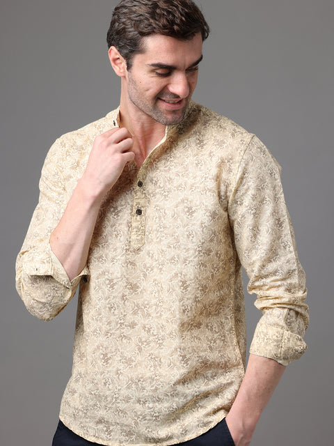 Men's Light Yellow Cotton Linen Slim Fit Kurta Shirt