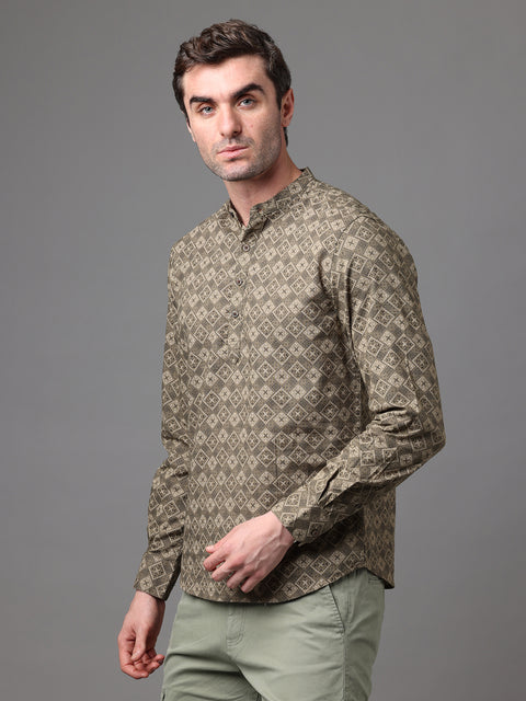 Men's Olive Cotton Linen Slim Fit Kurta Shirt