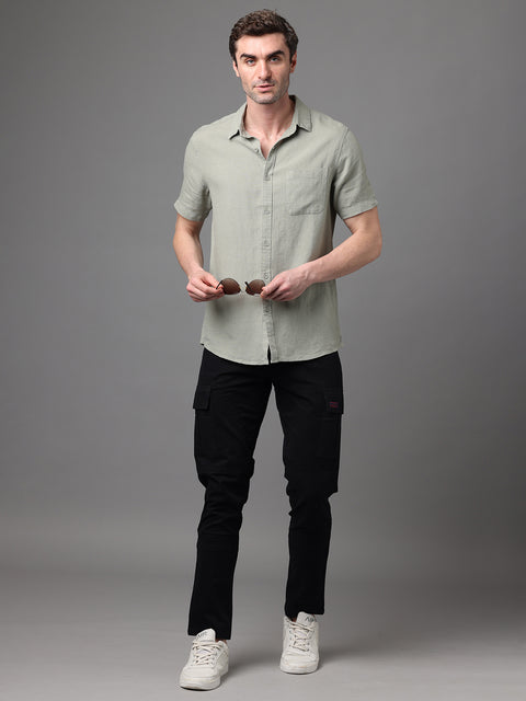 Men's Olive Linen Rayon Slim Fit Casual Shirt