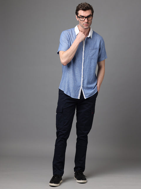 Men's Blue Linen Rayon Slim Fit Casual Shirt