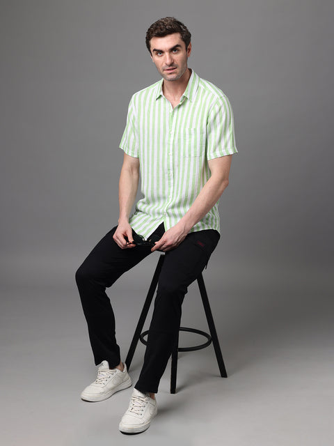 Men's White and Green Linen Rayon Slim Fit Casual Shirt