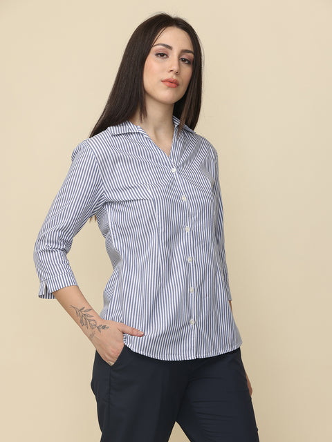 Women's Navy Blue Striped Slim Fit Shirt