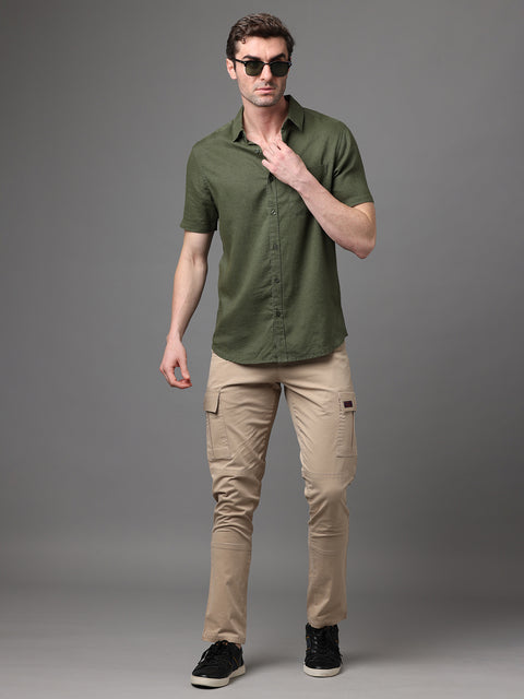 Men's Dark Green Linen Rayon Slim Fit Casual Shirt