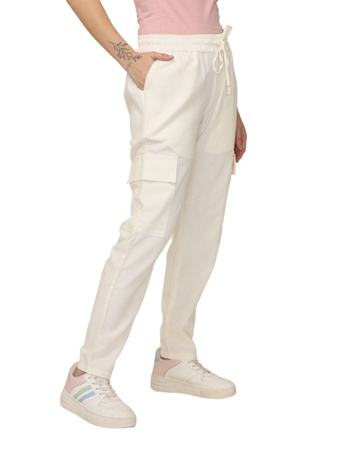 Women's Off White Cotton Linen Cargo Pants with Pockets