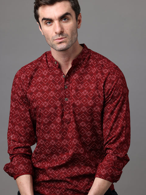 Men's Maroon Cotton Linen Slim Fit Kurta Shirt