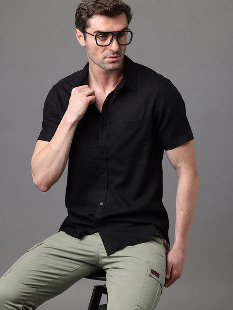 Men's Black Linen Rayon Slim Fit Casual Shirt