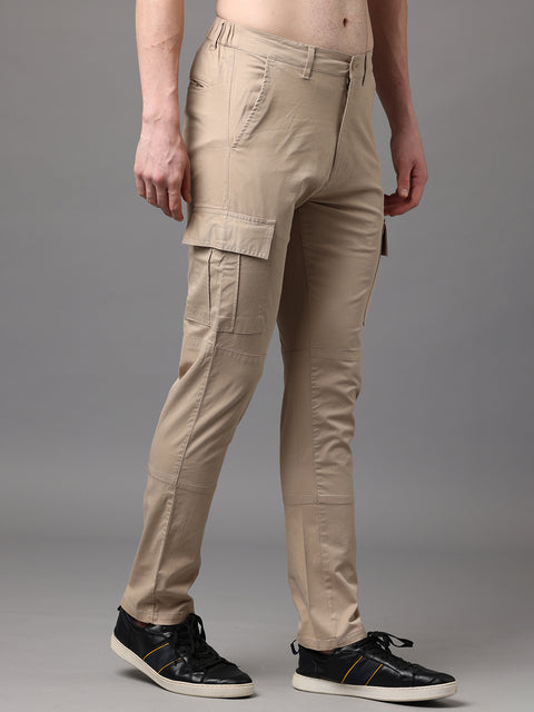 Men's Khaki Cotton Spandex Slim Fit Cargo Trouser