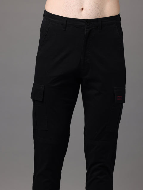 Men's Black Cotton Spandex Slim Fit Cargo Trouser