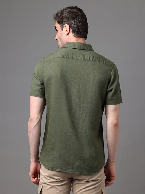 Men's Dark Green Linen Rayon Slim Fit Casual Shirt