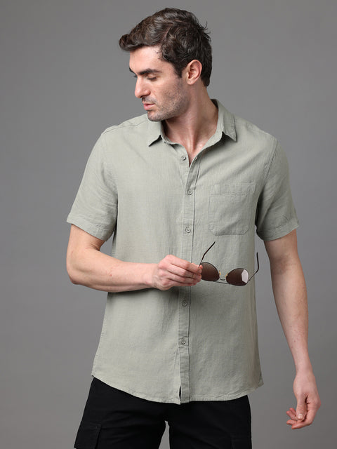 Men's Olive Linen Rayon Slim Fit Casual Shirt