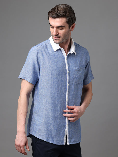 Men's Blue Linen Rayon Slim Fit Casual Shirt