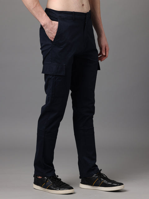 Men's Navy Cotton Spandex Slim Fit Cargo Trouser