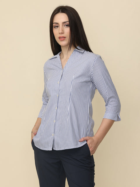 Women's Navy Blue Striped Slim Fit Shirt