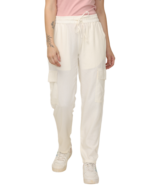 Women's Off White Cotton Linen Cargo Pants with Pockets