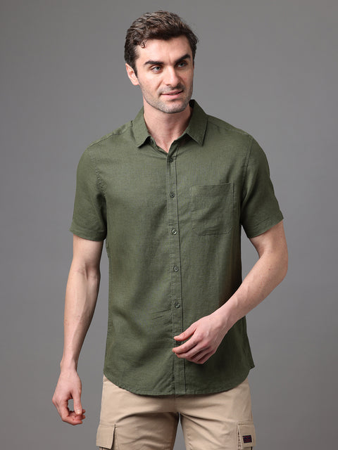 Men's Dark Green Linen Rayon Slim Fit Casual Shirt