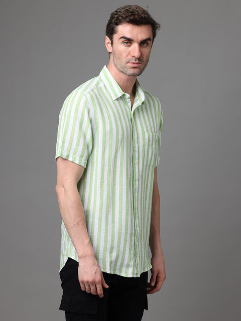 Men's White and Green Linen Rayon Slim Fit Casual Shirt