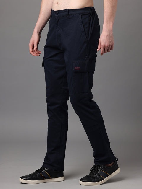 Men's Navy Cotton Spandex Slim Fit Cargo Trouser