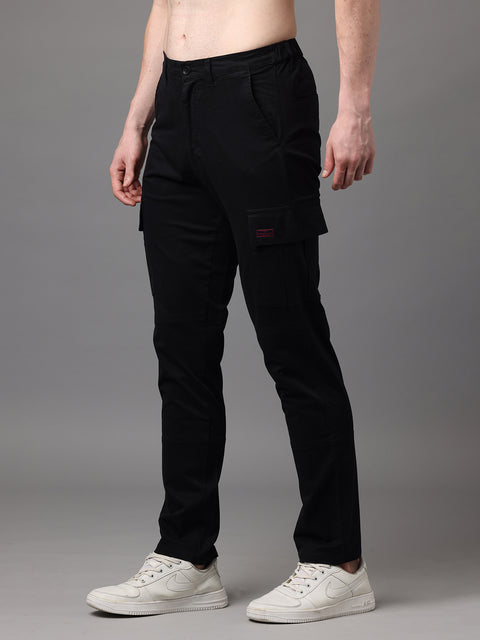 Men's Black Cotton Spandex Slim Fit Cargo Trouser