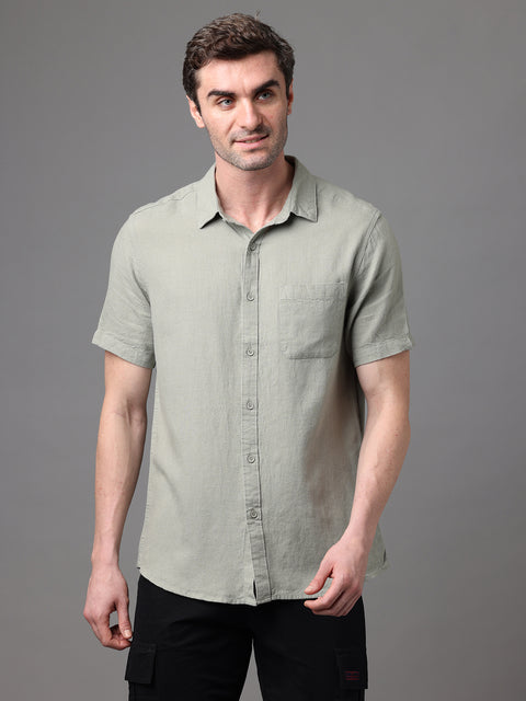 Men's Olive Linen Rayon Slim Fit Casual Shirt