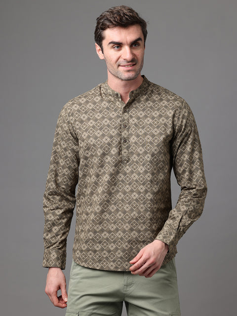 Men's Olive Cotton Linen Slim Fit Kurta Shirt