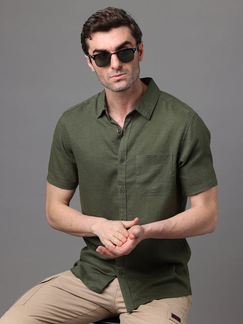 Men's Dark Green Linen Rayon Slim Fit Casual Shirt