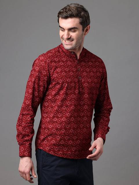 Men's Maroon Cotton Linen Slim Fit Kurta Shirt