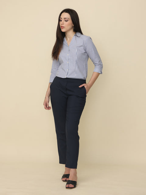 Women's Navy Blue Striped Slim Fit Shirt