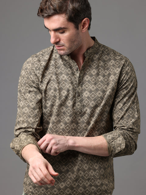 Men's Olive Cotton Linen Slim Fit Kurta Shirt