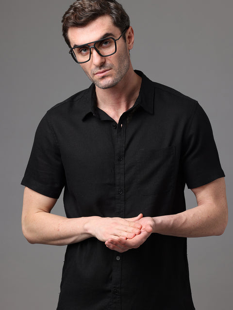 Men's Black Linen Rayon Slim Fit Casual Shirt