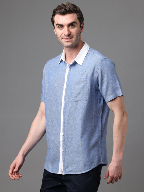 Men's Blue Linen Rayon Slim Fit Casual Shirt