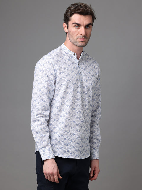 Men's White and Blue Cotton Linen Slim Fit Kurta Shirt