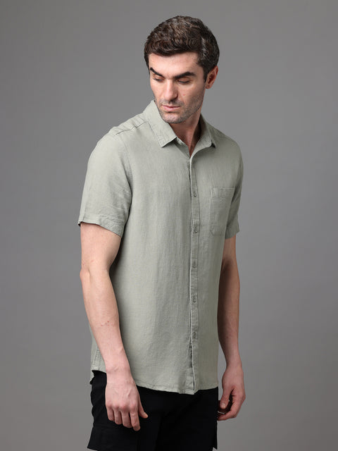 Men's Olive Linen Rayon Slim Fit Casual Shirt