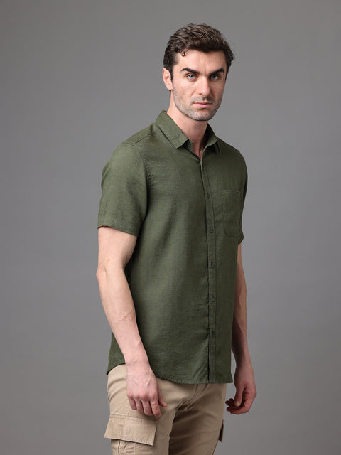 Men's Dark Green Linen Rayon Slim Fit Casual Shirt