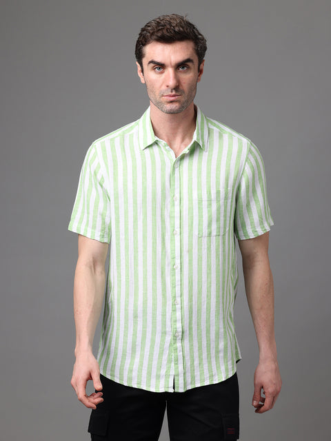 Men's White and Green Linen Rayon Slim Fit Casual Shirt