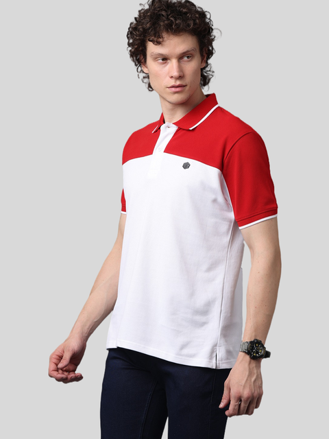 Men's Short Sleeve Cut and Sew Polo T-Shirt, Red and White