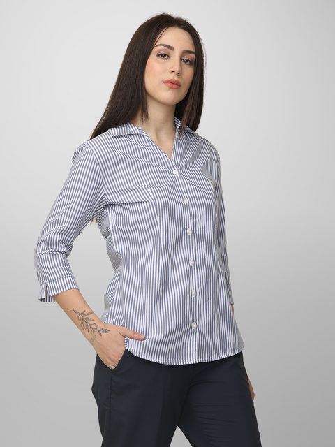 Women's Navy Blue Striped Slim Fit Shirt