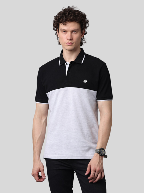 Men's Black/Grey Short Sleeve Polo T-Shirt with Contrast Stripes, Cut and Sew