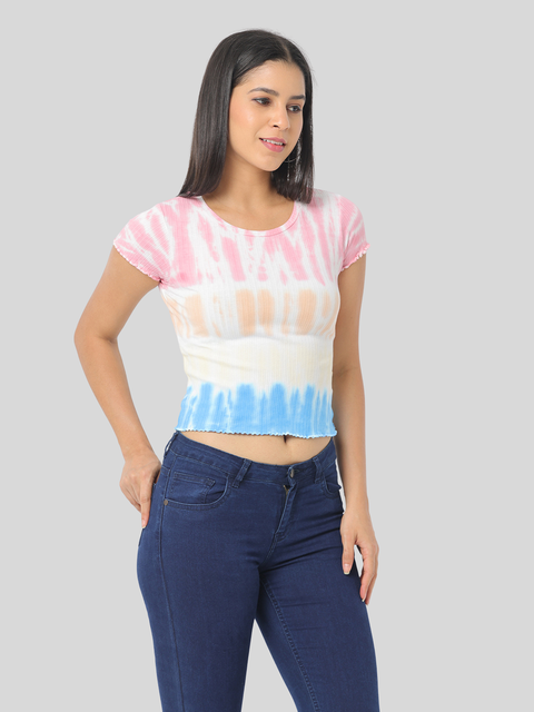 Women's Pink & Blue Slim Fit Knitted Crop Top