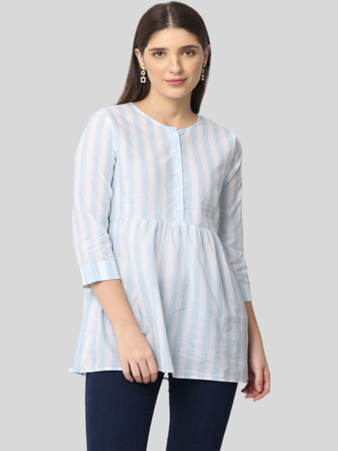 Women's Blue Striped Cotton Kurta Top