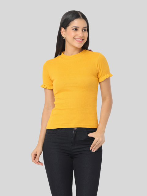 Women's Short Sleeve Crop T-Shirt with Ruffle Sleeves, Mustard Yellow