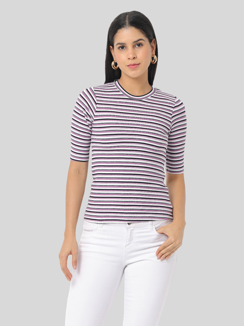 Women's Purple Striped Short Sleeve Crop T-Shirt