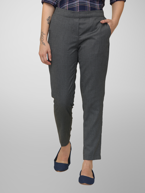 Women's Black & Grey Slim Fit Formal Trouser