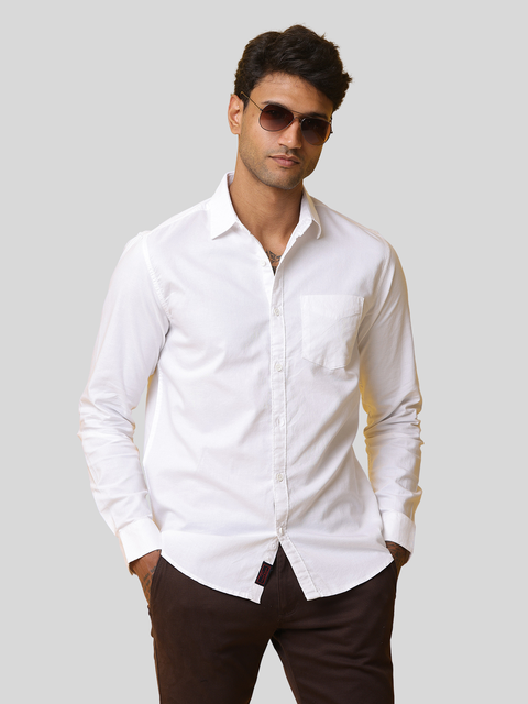 Men's White Casual Solid Full Sleeve Slim Fit Shirt