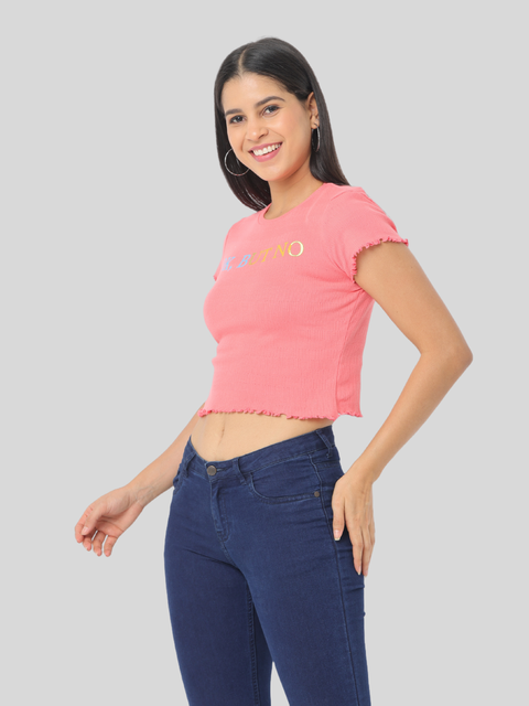 Women's Short Sleeve Cropped Knitted T-Shirt, Pink