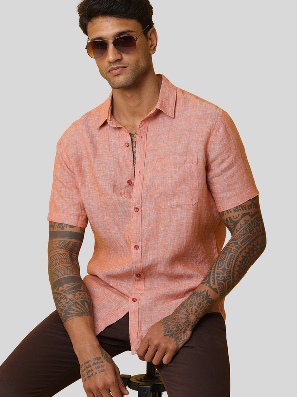 Men's Orange Casual Short Sleeve Slim Fit Linen Shirt